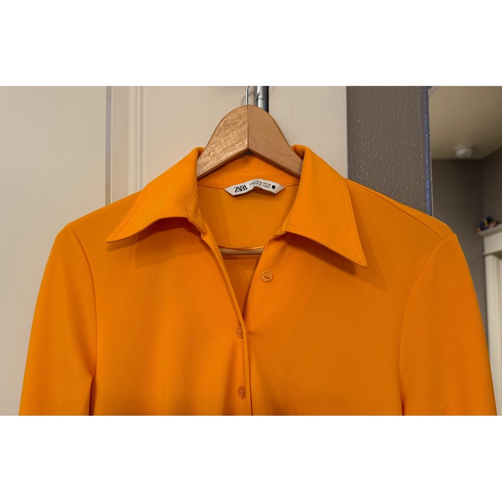 Wmns Bright Orange Zara LS Notched Collar Knee Length Business Casual Dress M - Picture 2 of 8